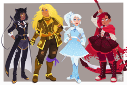 l-a-l-o-u:  the gang’s all here!! i just love to redesign cartoon characters so i thought i’d give the RWBY team a shot since a lot of details about their armor bugs me. my main concerns were to make them stand out from each other with different physical