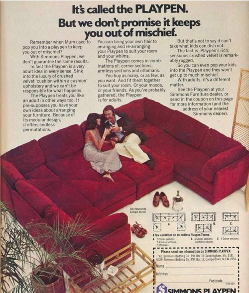 wetorturedsomefolks:adamsmasher:vintageeveryday:  Extra large Playpen sofas of the 1970s.   Oh these were for fuckin’   i think these would be nice as normal couches but the ad copy is all like “if you aren’t going to exclusively have orgies on