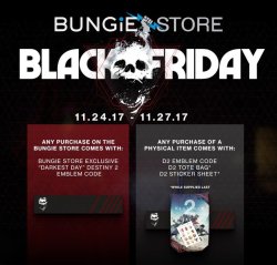 thesevenseraphs: Bungie’s Black Friday Sale comes this Friday. It will last the whole weekend! Buying anything gets you the Darkest Day emblem. Buying a phyiscal item will get you the emblem, a tote bag, and a sticker sheet *while supplies last Not