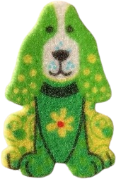 fuzzy sticker of a dog with vibrant green and yellow fur.