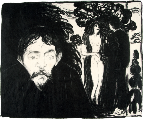 artemisdreaming:    No longer shall I paint interiors with men reading and women knitting. I will paint living people who breathe and feel and suffer and love. Edvard Munch   Images:  Jealousy I and II, 1896  