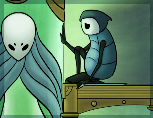 [ID: Three digital drawings of Quirrel, Hornet, and the cowardly husk known as Lurien’s Butler, from