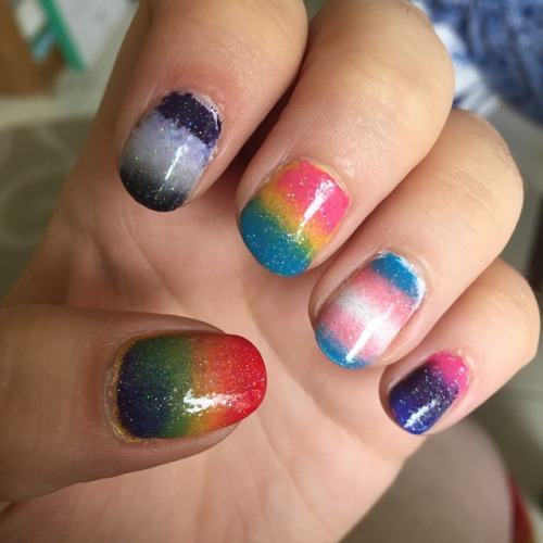 casual-nail-artist: Pride Flag Nails, June 2018. Obviously the thumb is the gay pride flag, but from