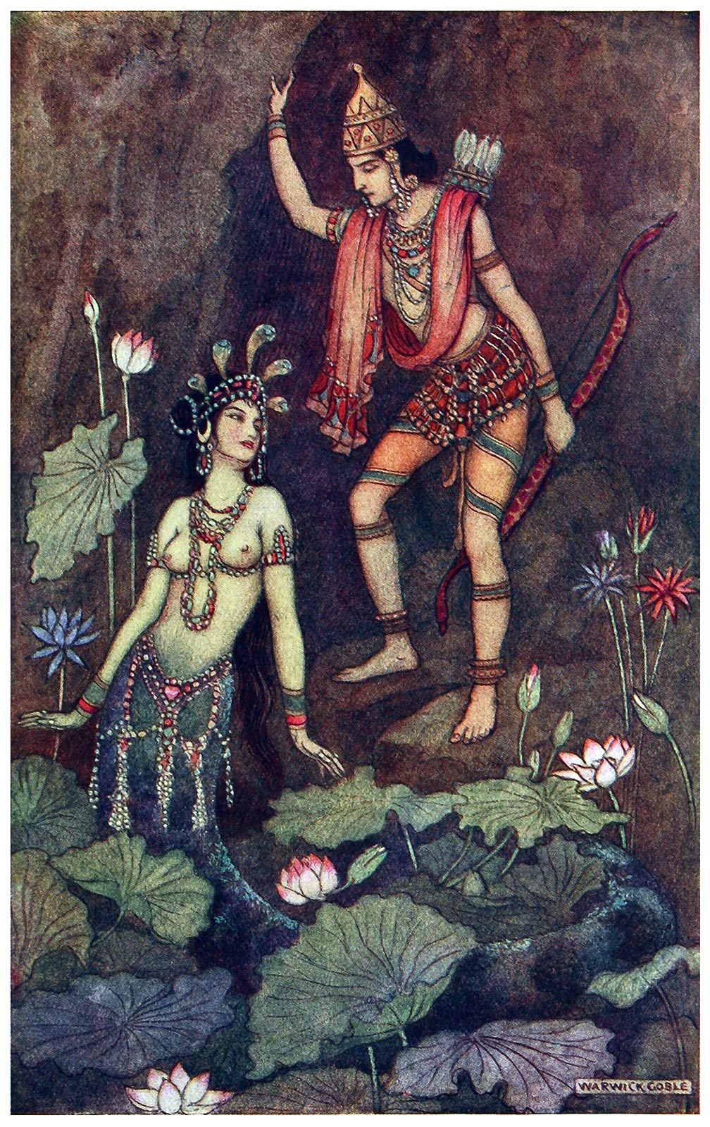 oldbookillustrations:  Arjuna and the river nymph.  Warwick Goble, from Indian myth