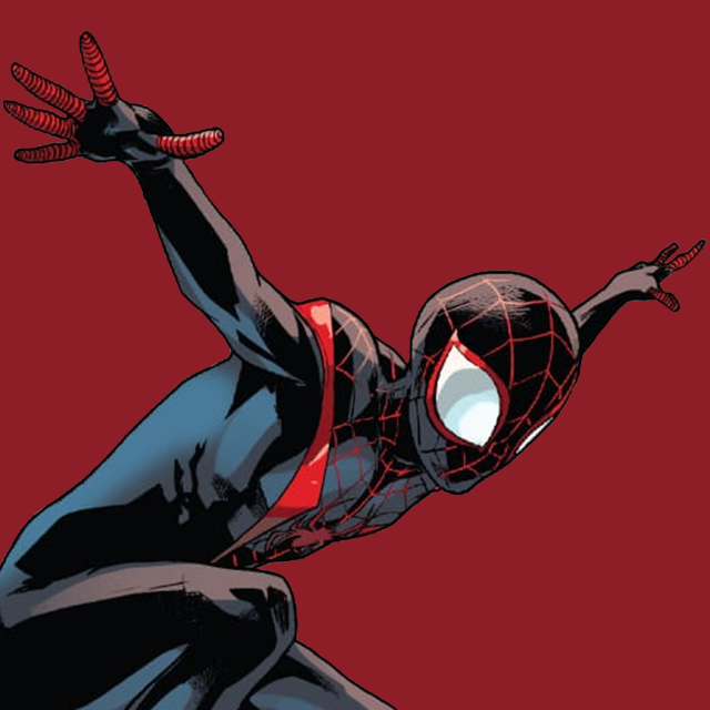 Miles Morales in his suit mid jump in the air with his arms extended over a deep red solid colour background.