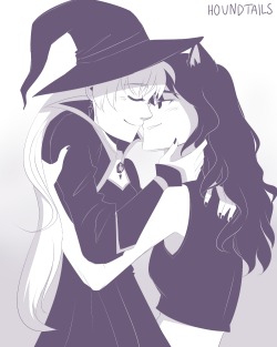 houndtails:  a halloween-inspired monochrome AU where weiss is a witch/mage and blake is her cat/familiar. a witch and her black cat （ﾉ´∀`）♥   [Commission Info] [Twitter] 