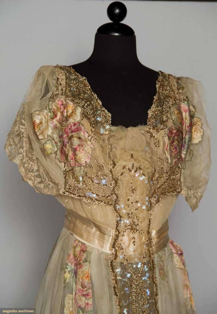  Belle Epoch Gown: “one piece cream silk chiffon w/ pale printed &amp; flocked