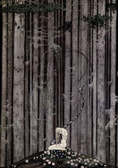 the-evil-clergyman:  And then she lay on a little green patch in the midst of the gloomy thick wood., from East of the Sun and West of the Moon by Kay Nielsen (1914)