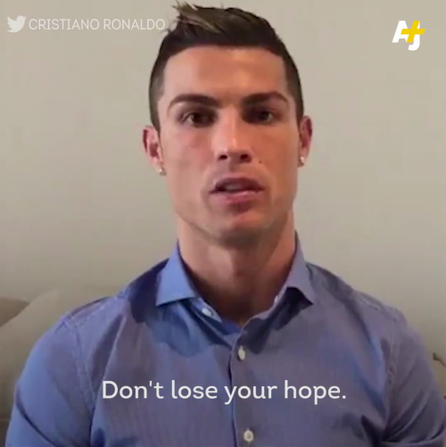 pxlestine:“You are the true heroes.”Soccer star Cristiano Ronaldo has a message for Syrian children.
