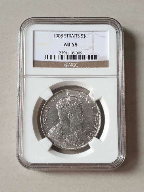 1908 Straits Settlements King & Emperor Edward VII Silver Dollar NGC AU 58