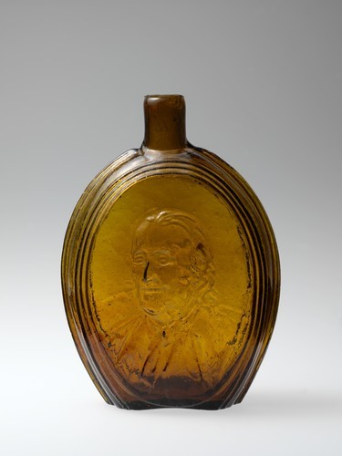 met-american-decor: Figured flask, Kensington Glass Works, 1830–38, American Decorative ArtsBequest 