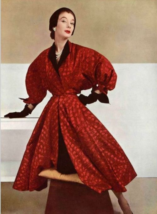 50s red coat dress Model in Gres, photo by Pottier, 1952 | flickr skorver1
