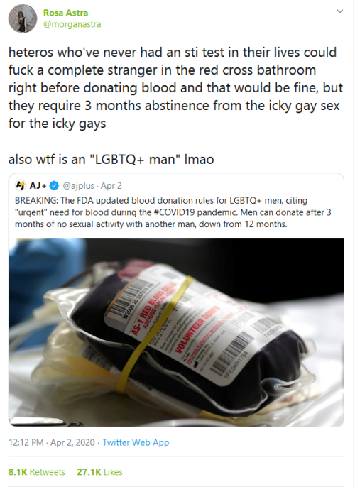 error-404-fuck-not-found: gahdamnpunk: So they’re saying 12 months were never necessary in the first place? 🧐 unfriendly reminder that they banned queer blood after letting a different deadly pandemic run unchecked, and then blamed it on the victims