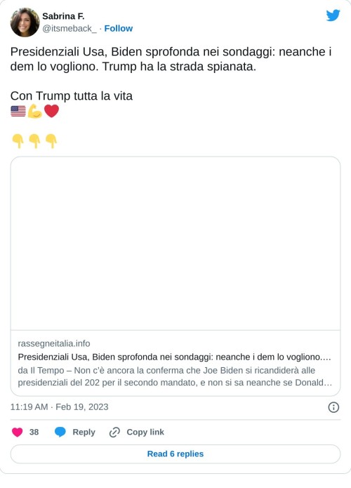 Presidenziali Usa, Biden sprofonda nei sondaggi: neanche i dem lo vogliono. Trump ha la strada spianata.  Con Trump tutta la vita 🇺🇸💪❤️  👇👇👇https://t.co/W2xiKNGPNT  — Sabrina F. (@itsmeback_) February 19, 2023