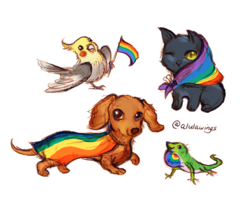 alulawings: Pride Pup, Pride Cat, Pride Birb, and Pride Lizard say hi! On stickers