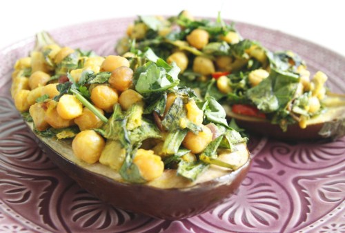  Stuffed Aubergine with Chickpea-Spinach Curry