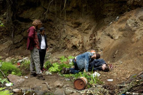 Directors Dan Kwanand Daniel Scheinert with Paul Dano and Daniel Radcliffe while filming Swiss Army 