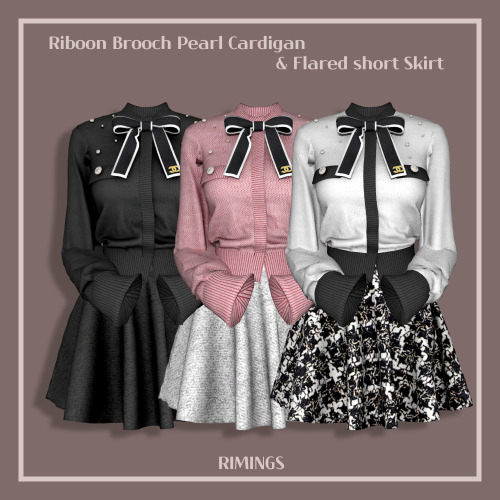 [RIMINGS] Riboon Brooch Pearl Cardigan &amp; Flared short Skirt - TOP / BOTTOM- NEW MESH- ALL LO