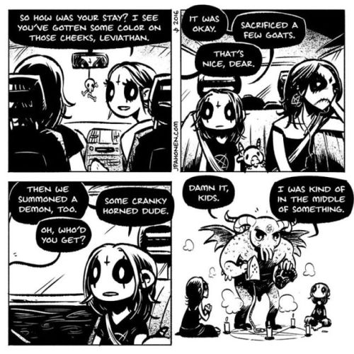 sixpenceee:
“Created by Finnish artist JP Ahonen, the Belzebubs comic strip features an adorable metal-loving family and all of their dark adventures together. From having a little baby to having lunch with grandma - the strip features normal...