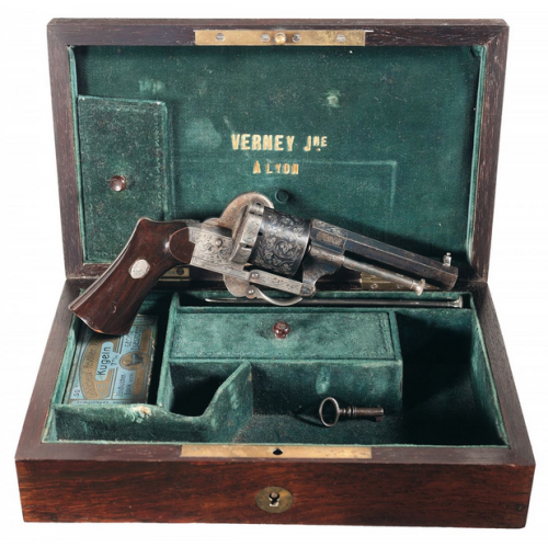 A fine cased and engraved Lefaucheux double action pinfire revolver, mid 19th century.Sold at Auctio