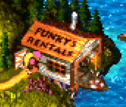 slbtumblng: suppermariobroth: Funky’s Rentals in Donkey Kong Country 3 on the SNES on the left and in Donkey Kong Country 3 on the Game Boy Advance on the right.  