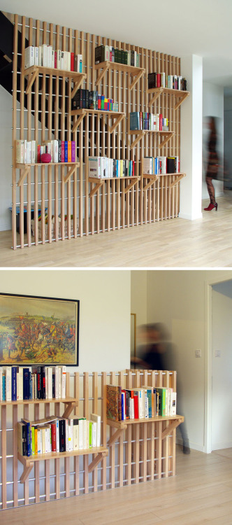 remodelproj:Stair guardrail with bookshelf attachments