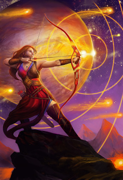 juliedillon:  Last in the series of illustrations for the Llewellyn Worldwide 2014 Astrology Calendar! :D Sagittarius: November 22 - December 21. Mutable Fire sign. Colors: Deep purple, burgundy and deep red. Outgoing, athletic, curious, spiritual,