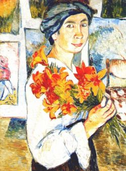 Expressionism-Art:  Self-Portrait With Yellow Lilies, 1907, Natalia Goncharova