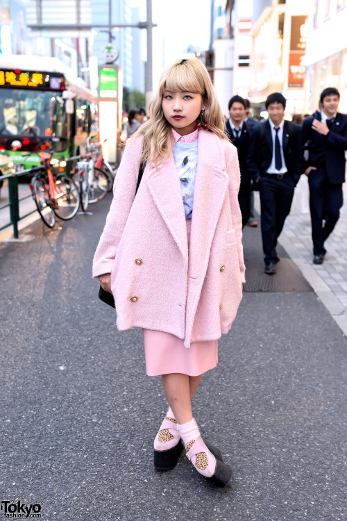 18-year-old aspiring Japanese singer YOU on the street in Harajuku w/ pink coat, pink skirt, pink so