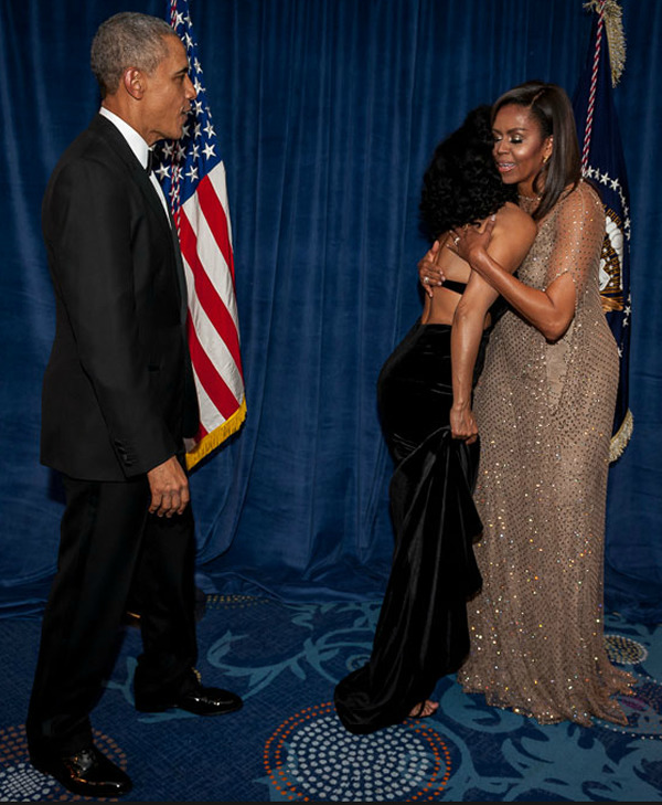 accras:  Tracee Ellis Ross with President Obama and the First Lady at the 2016 WHCD.