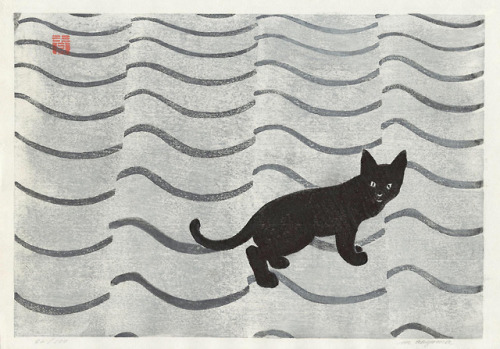 Aoyama Masaharu (Japanese, 1893-1969) - Cat on Tile Roof, 1950