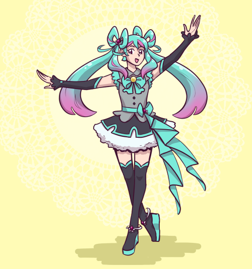 [image: Hatsune Miku in the style of a Princess Pretty Cure. Her outfit is similar to her usual look