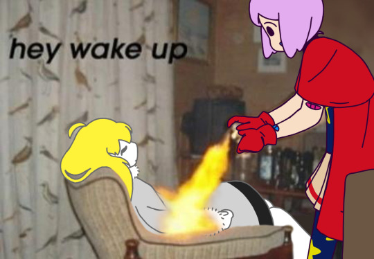 A little girl with purple hair and a red cape using deodorant and a lighter to make a makeshift flamethrower aiming towards another blonde girl dressed in white whose sleeping. To the left there is text saying ''hey wake up''
