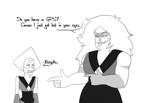 mad-scorpio:  Continuation of Jasper and really bad pick-up lines, inspo curtsey of pietersitemite Look at her and her smug face, she think she’s soooo smooth. Peridot has little to no patience for you Jasper, not today.  teehee I love these two <3