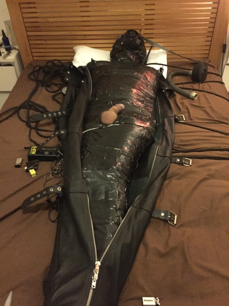 neobondage:Layers.. Wetsuit, Pallet Wrap, Gaffa Tape, Leather Sleepsack!