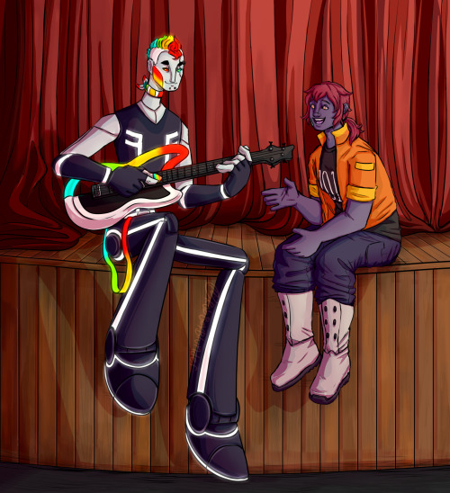 Commission for @british-hero of their NSR oc Parri hanging out with my OC Rain in the theater room P