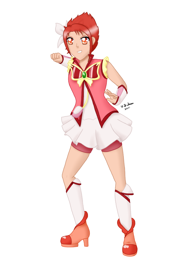 Digital fullbody drawing of Cure Rouge from Yes PreCure 5 GoGo, facing forward right fist pulled back in a punch, grinning at viewer.