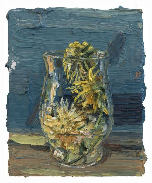 paintingorsomething: Allison Schulnik Yellow Flowers on Teal, 2015  oil on canvas stretched ove