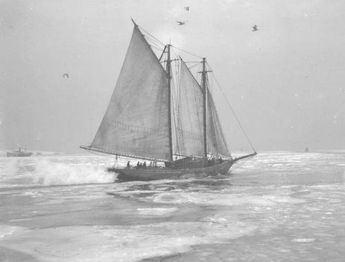 ghostsailors:The fishing boat ‘Pioneer’ pushing through the ice of Boston Harbor. Leslie Jones, 1923