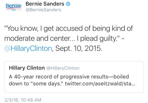 adventures-in-zookeeping:  kathereal:  honeyngld:  yungnefertiti:  hi-tsugua:  tashabilities:  i-am-the-last-timelord:  Bernie calling out Hillary’s lies on Twitter simply by quoting her. Beautiful.  Today in Bitch, You Thought…       Bernie got the