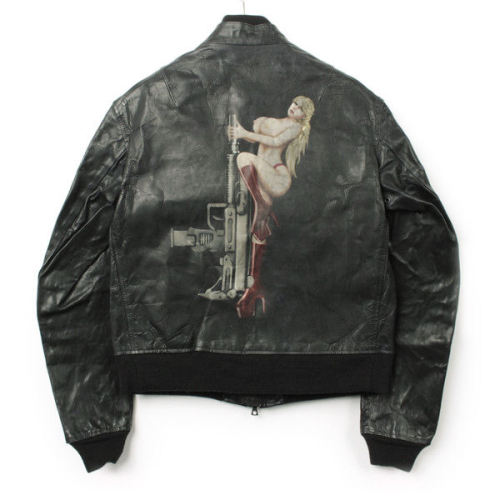 lacollectionneuse: ワイズ Y’s ブルゾン 中古 029008 A7  leather bomber jacket with pin-up illustrat