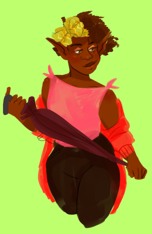 soledadcatalina:[ID: A lineless drawing of Lup, a chubby dark skinned elf with a dark brown afro. Sh
