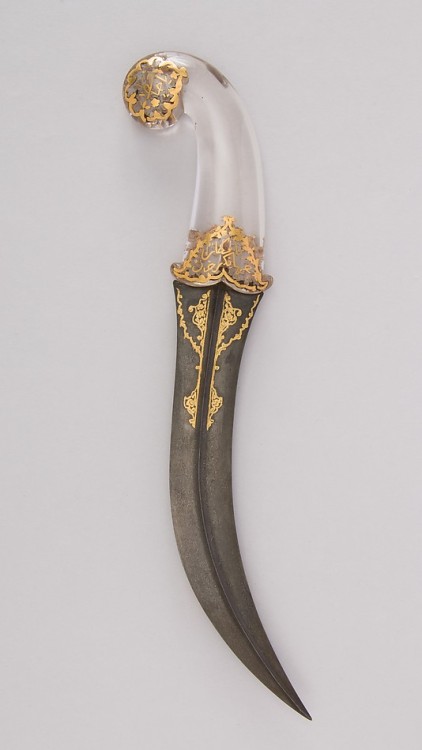 art-of-swords:  Jambiya Dagger  Dated: 18th–19th century Culture: Persian Medium: steel, crystal, gold Measurements: H. 13 3/16 in. (33.5 cm); H. of blade 8 3/4 in. (22.2 cm); W. 2 1/2 in. (6.4 cm); Wt. 11.6 oz. (328.9 g)  Source: Copyright