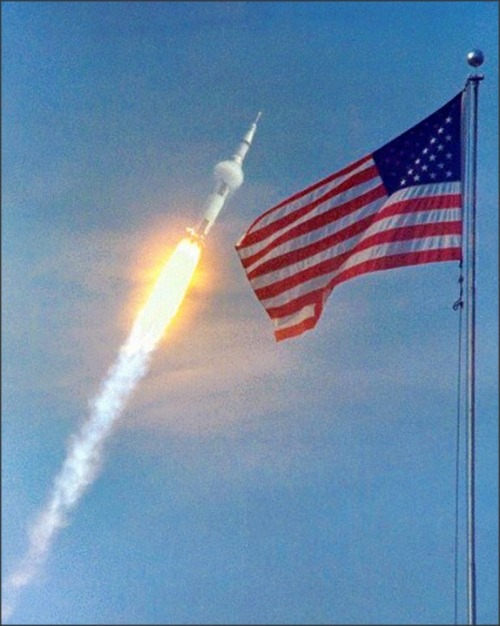 The American flag heralded the launch of Apollo 11, the first Lunar landing mission, on July 16, 196