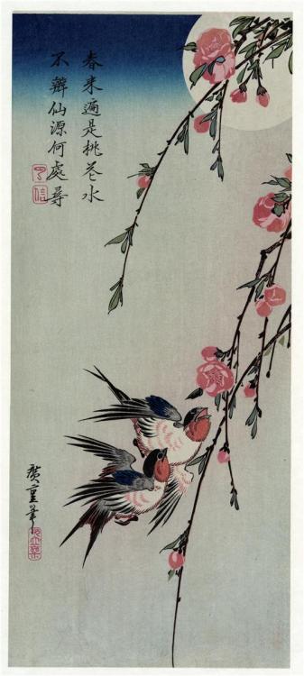 Moon, Swallows and Peach Blossoms, Hiroshige, 1850