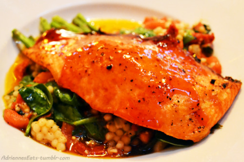 Cherry Chipotle Glazed Salmon with Asparagus and Couscous from BJ’s Restaurant and Brewhouse in West