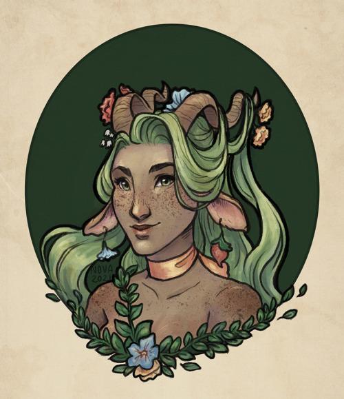 [ID: a digital drawing of Fearne, a d&d satyr with long green hair. She is drawn from the should