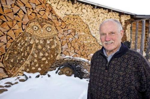 archiemcphee: The beautiful woodpile mosaic owls are the work of Gary Tallman, an 82-year-old Montan