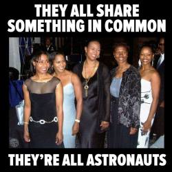 profeminist:  ACTUALLY, FOUR ASTRONAUTS AND A FIGHTER PILOT!    “From left to right; astronauts Stephanie Wilson, Joan Higginbotham, Mae Jemison, Yvonne Cagle and fighter pilot Shawna Kimbrell”    Source Learn more about these great women: 1.   Stephanie