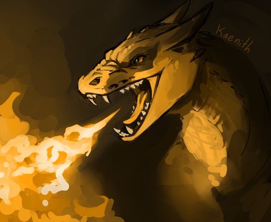 A digital painting of a snarling dragon breathing fire.